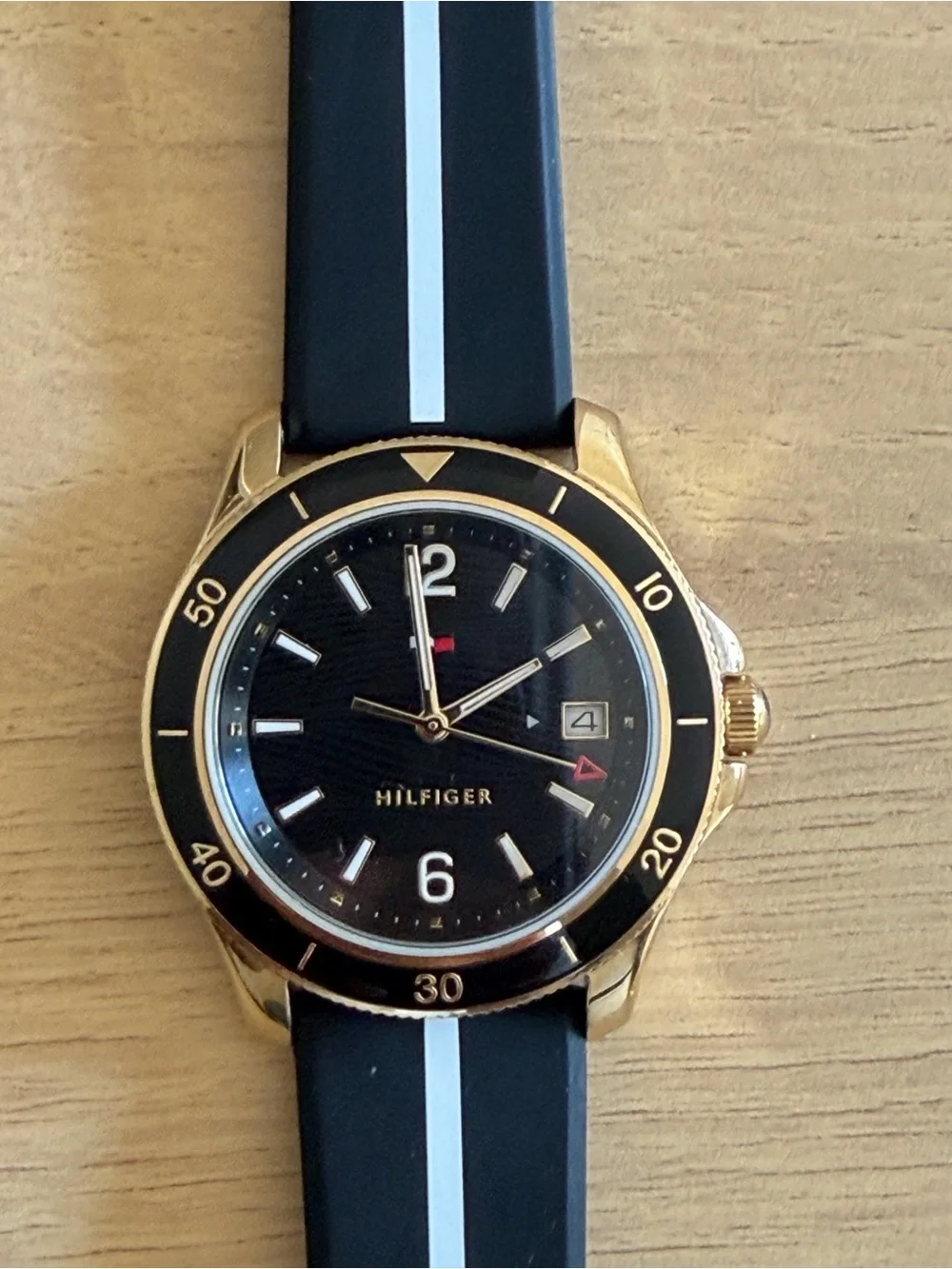 Tommy Hilfiger Blue and White Stripe Silicone Watch with Gold